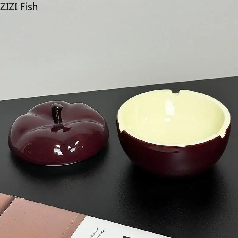 Deep red ceramic apple ashtray with lid for living room decor