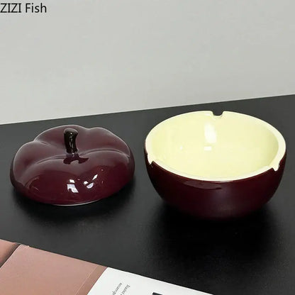 Deep red ceramic apple ashtray with lid for living room decor