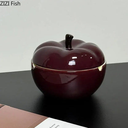 Deep red ceramic apple ashtray with lid for living room decor