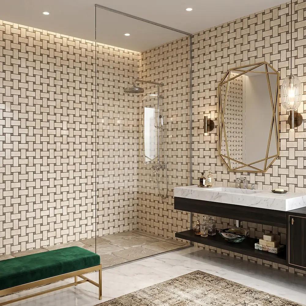 Delicate Beige Polished Basket Weave Marble Mosaics 12x12