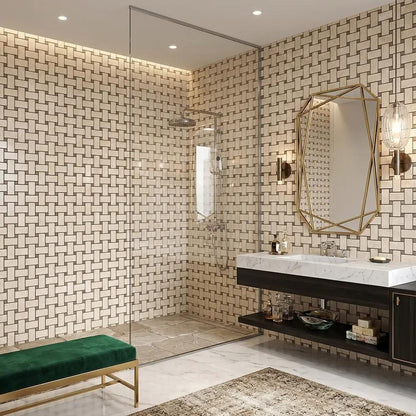 Delicate Beige Polished Basket Weave Marble Mosaics 12x12