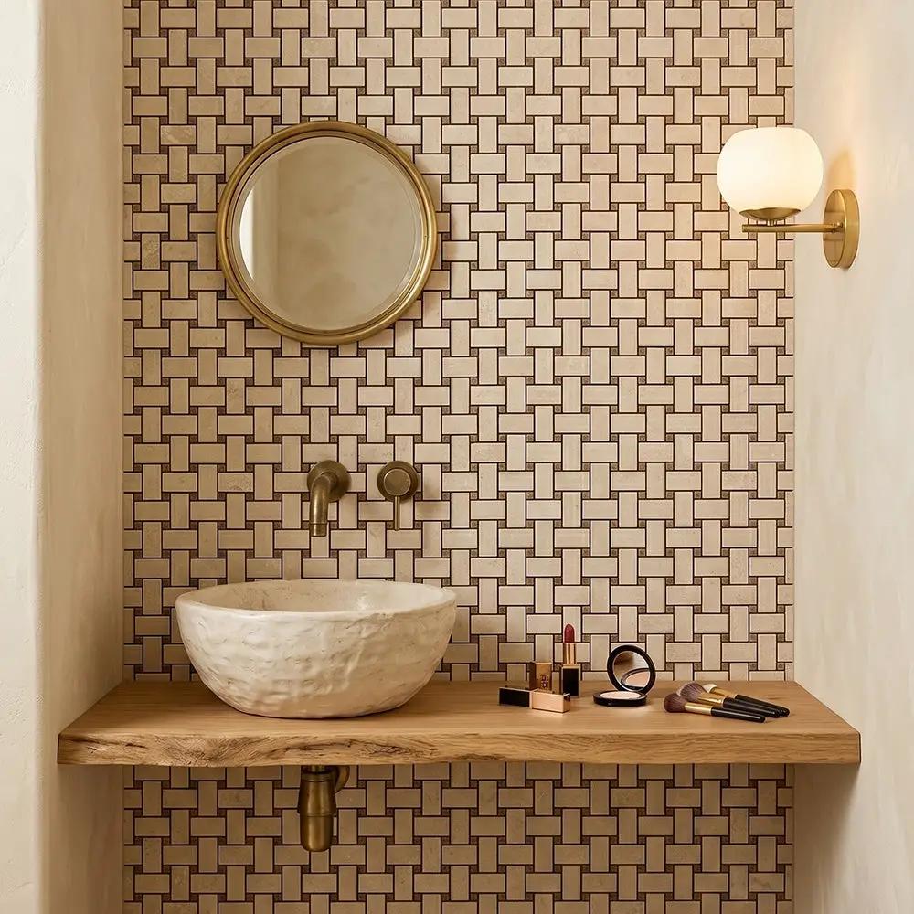 Delicate Beige Polished Basket Weave Marble Mosaics 12x12