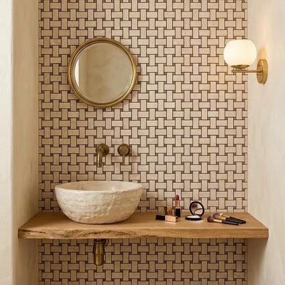 Delicate Beige Polished Basket Weave Marble Mosaics 12x12