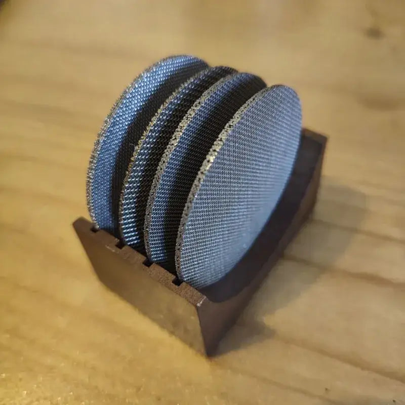 Denim blue & black coasters with espresso puck screen kitchen holder