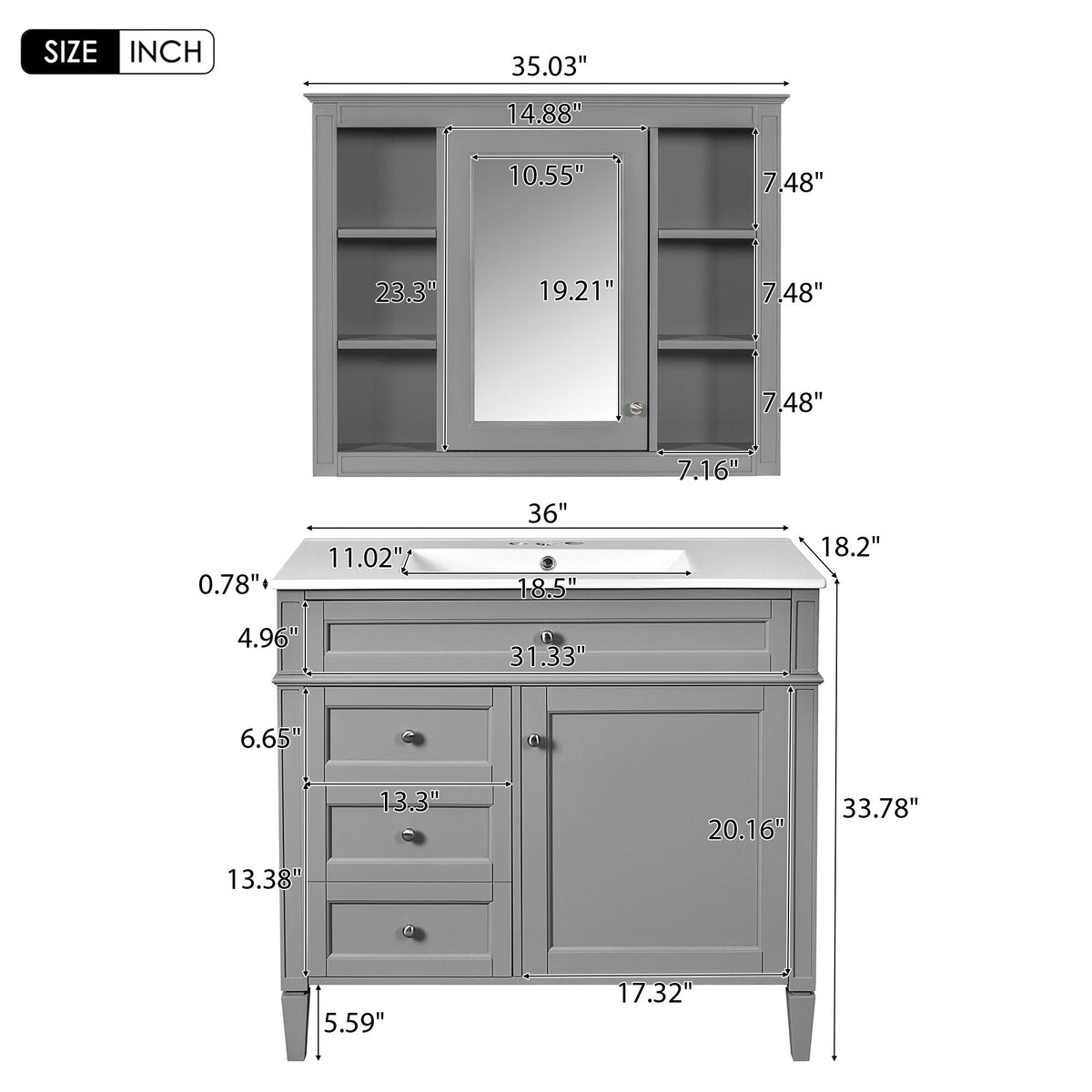 Bathroom Vanity With Mirror Cabinet, Single Sink With 2 Soft Closing Doors And 4 Drawers