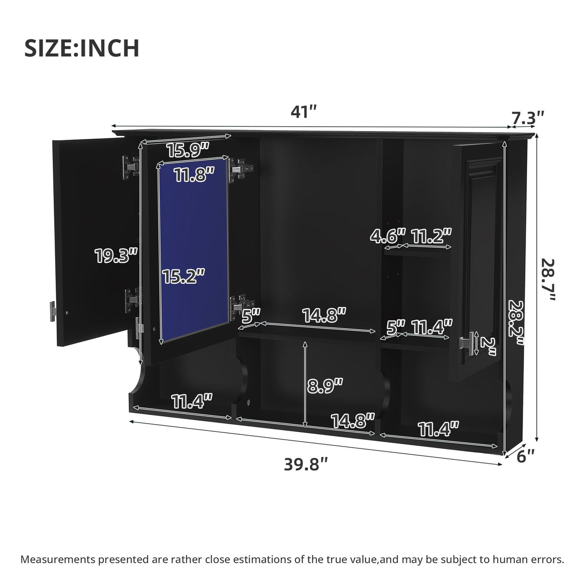 Modern Wall Mounted Mirror Medicine Cabinet With Open Shelves, Adjustable Interior, Storage Over Toilet