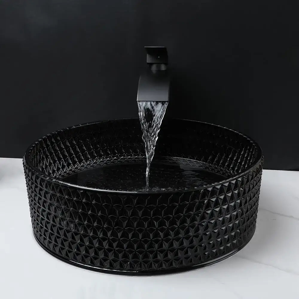 Diamond glass basin set with matte black faucet for bathroom