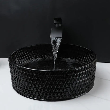 Diamond glass basin set with matte black faucet for bathroom