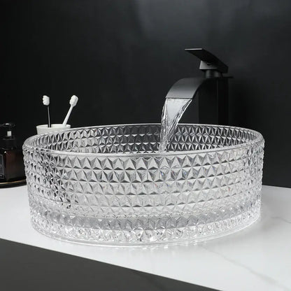 Diamond glass basin set with matte black faucet for bathroom