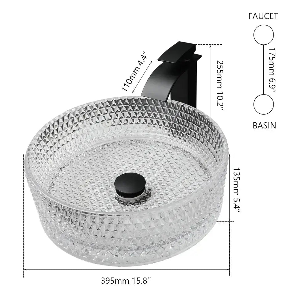 Diamond glass basin set with matte black faucet for bathroom