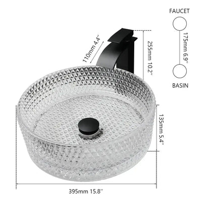 Diamond glass basin set with matte black faucet for bathroom