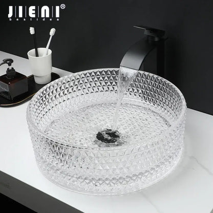 Diamond glass basin set with matte black faucet for bathroom