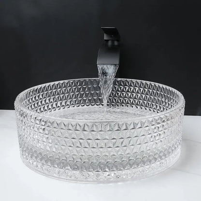 Diamond glass basin set with matte black faucet for bathroom