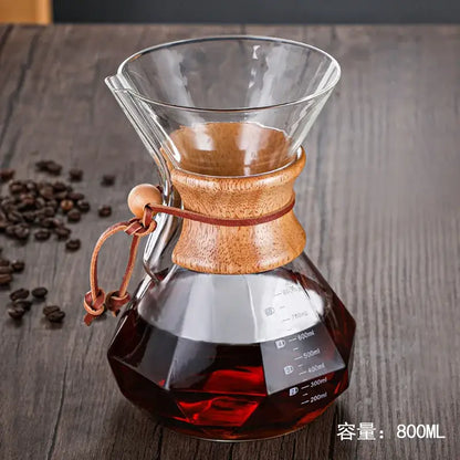 Diamond glass hand brew coffee set with wood neck for kitchen dining