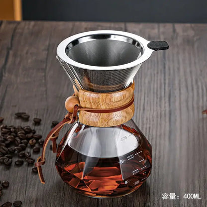 Diamond glass hand brew coffee set with wood neck for kitchen dining
