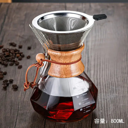 Diamond glass hand brew coffee set with wood neck for kitchen dining