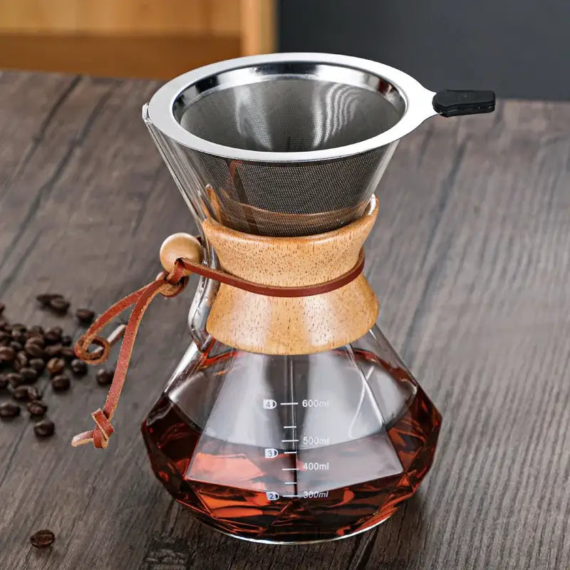 Diamond glass hand brew coffee set with wood neck for kitchen dining