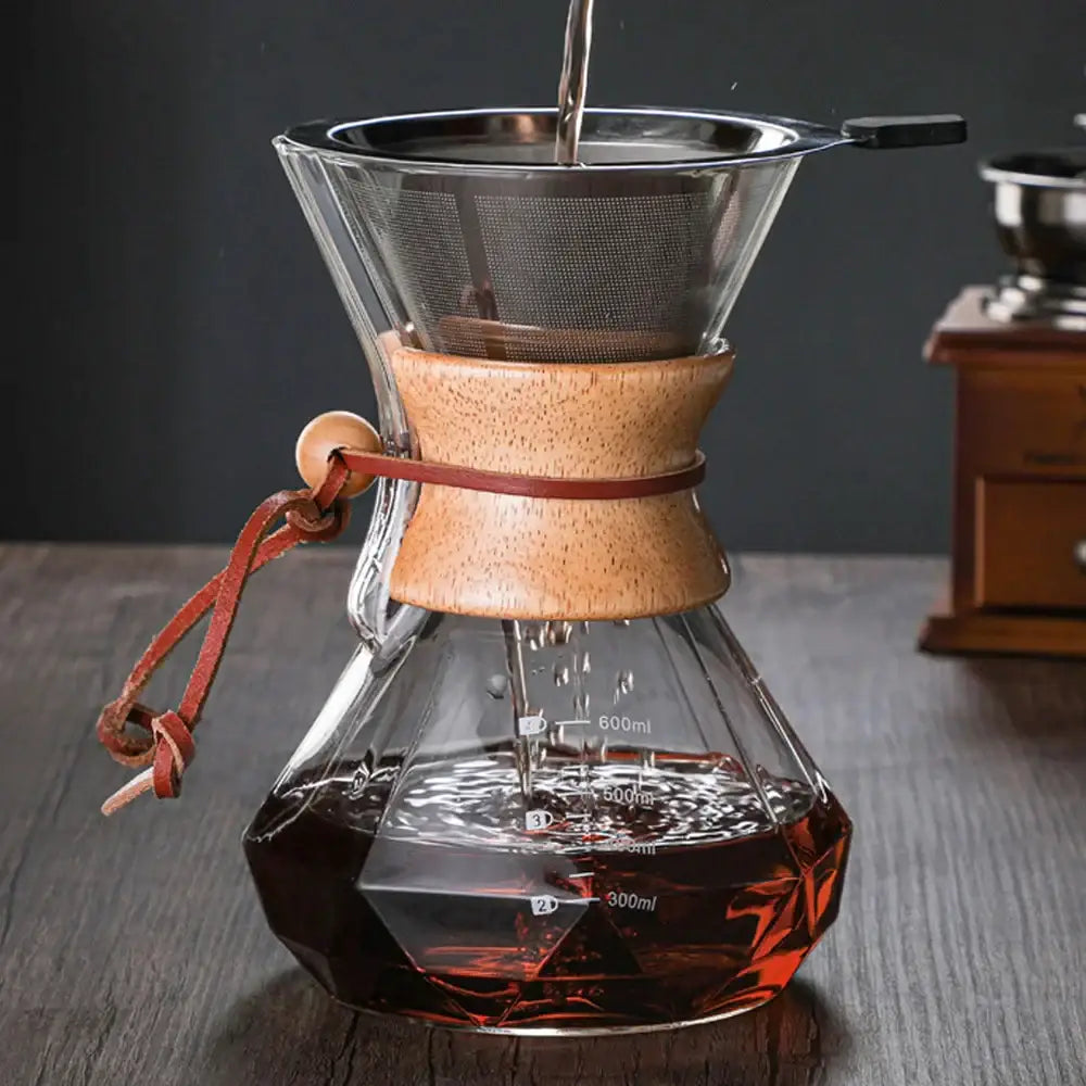 Diamond glass hand brew coffee set with wood neck for kitchen dining