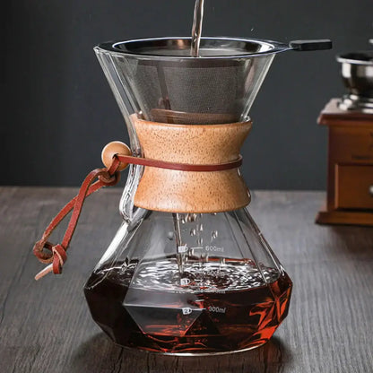 Diamond glass hand brew coffee set with wood neck for kitchen dining