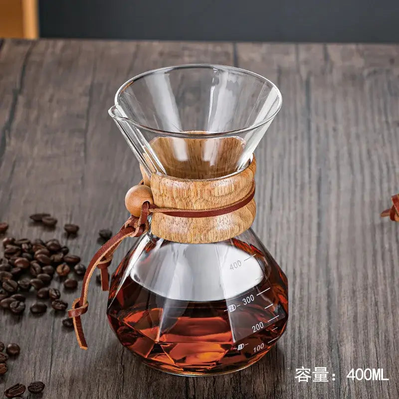 Diamond glass hand brew coffee set with wood neck for kitchen dining
