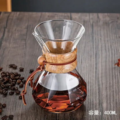 Diamond glass hand brew coffee set with wood neck for kitchen dining