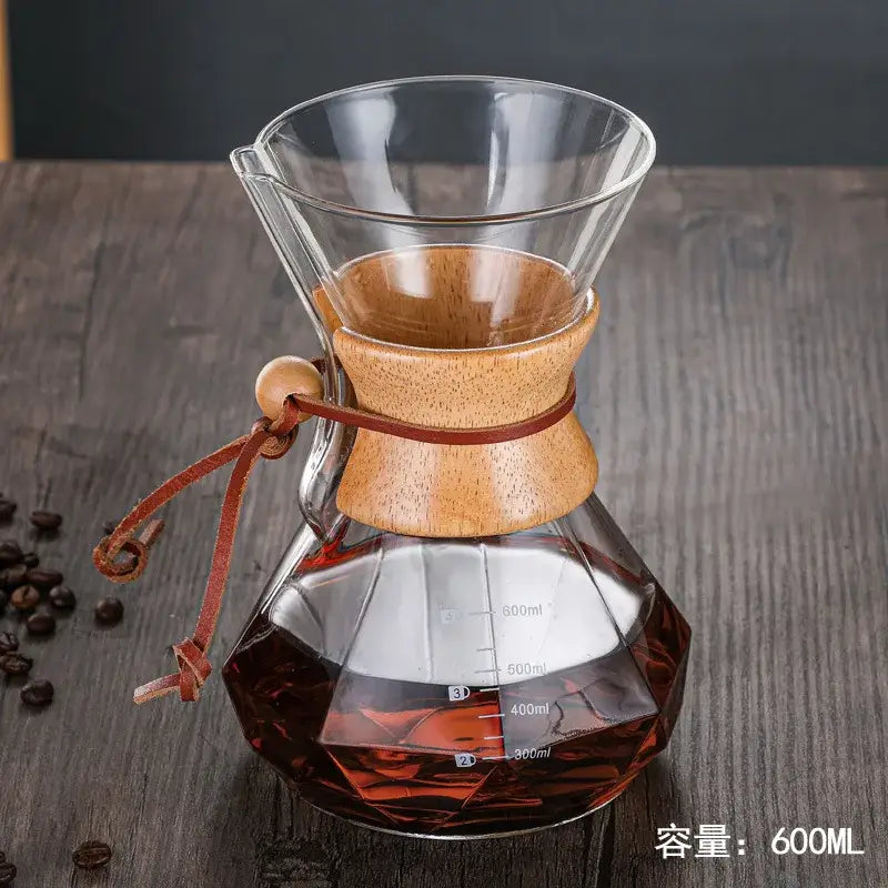 Diamond glass hand brew coffee set with wood neck for kitchen dining