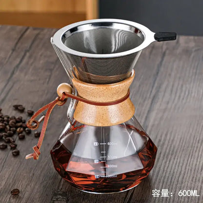 Diamond glass hand brew coffee set with wood neck for kitchen dining