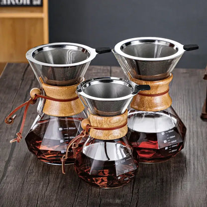 Diamond glass hand brew coffee set with wood neck for kitchen dining