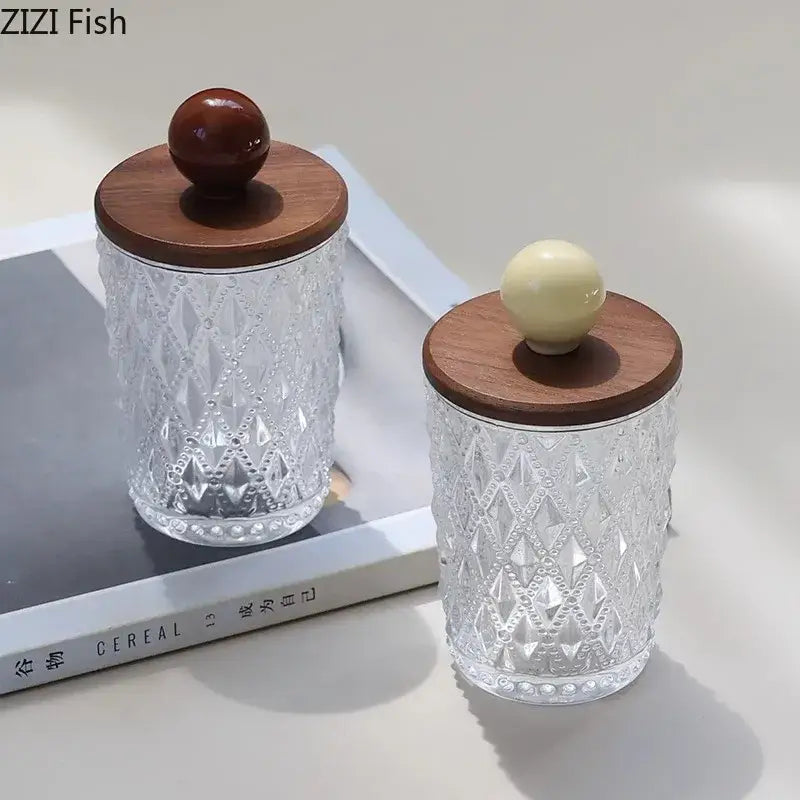 Diamond pattern glass jewelry jar with walnut lid bedroom storage