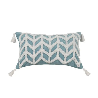 Diamond tufted blue and white cushion cover living room with tassels