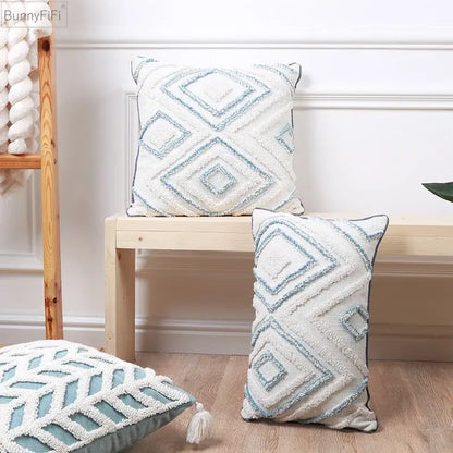 Diamond tufted blue and white cushion cover living room with tassels