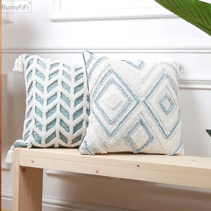 Diamond tufted blue and white cushion cover living room with tassels