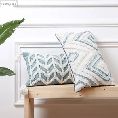 Diamond tufted blue and white cushion cover living room with tassels