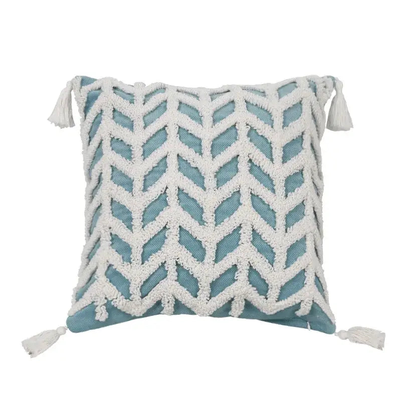 Diamond tufted blue and white cushion cover living room with tassels
