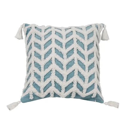 Diamond tufted blue and white cushion cover living room with tassels