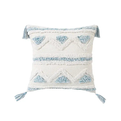 Diamond tufted blue and white cushion cover living room with tassels