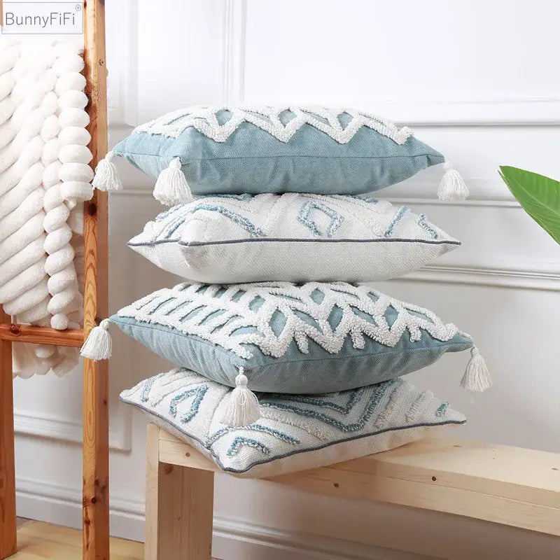 Diamond tufted blue and white cushion cover living room with tassels