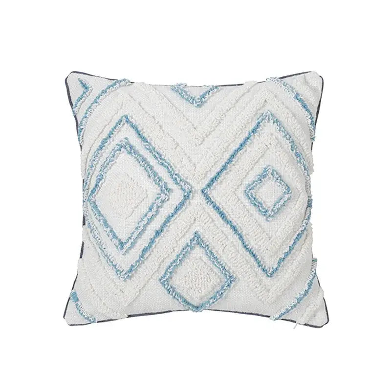 Diamond tufted blue and white cushion cover living room with tassels