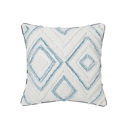 Diamond tufted blue and white cushion cover living room with tassels