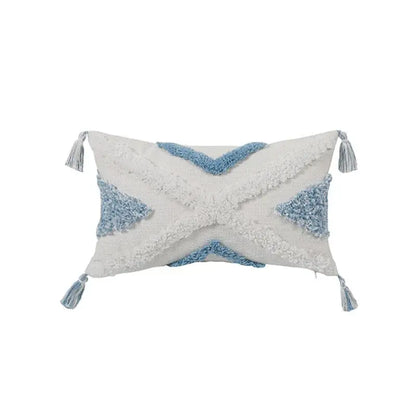 Diamond tufted blue and white cushion cover living room with tassels