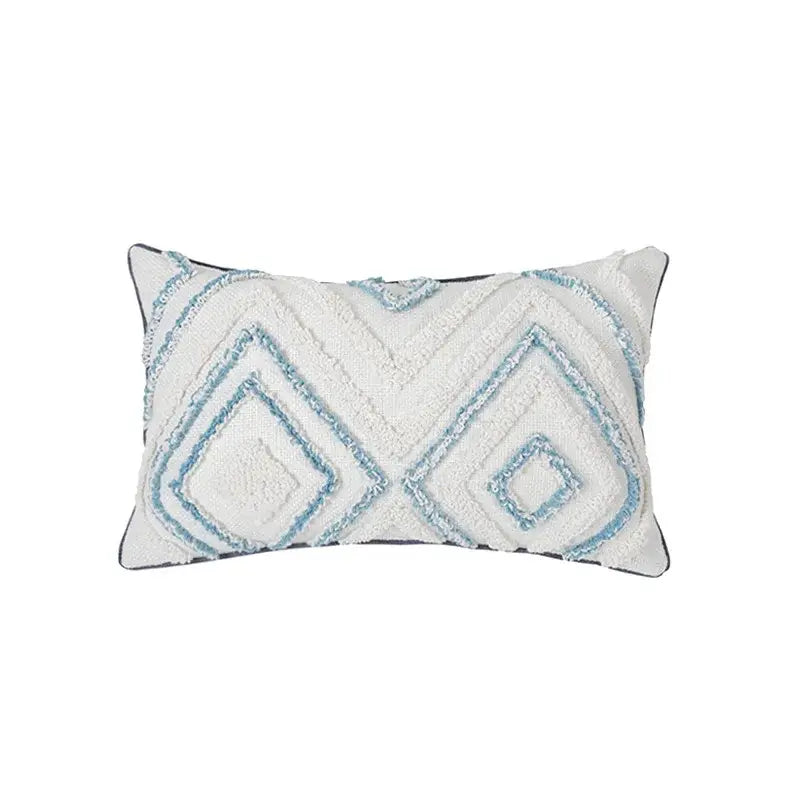 Diamond tufted blue and white cushion cover living room with tassels