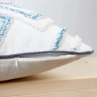Diamond tufted blue and white cushion cover living room with tassels