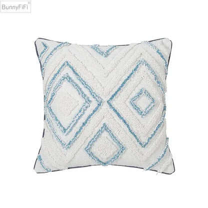 Diamond tufted blue and white cushion cover living room with tassels