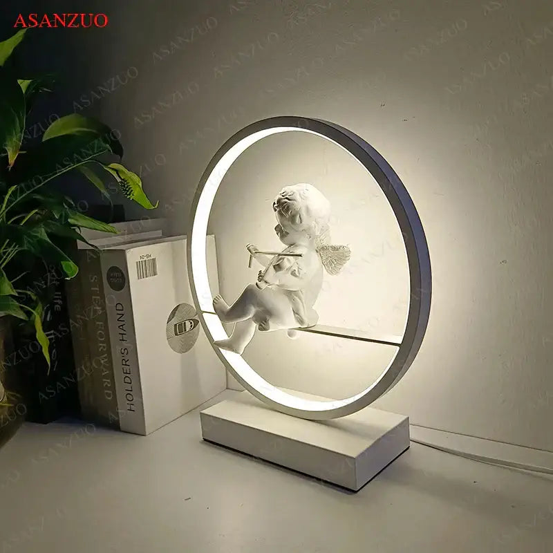 Dimmable angel table lamp with white cherub for bedroom decor
