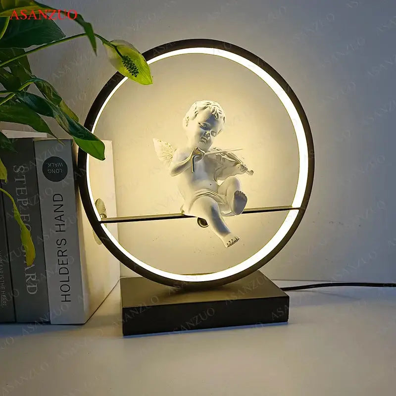 Dimmable angel table lamp with white cherub for bedroom decor