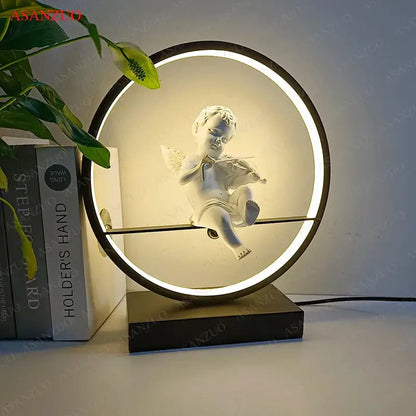 Dimmable angel table lamp with white cherub for bedroom decor