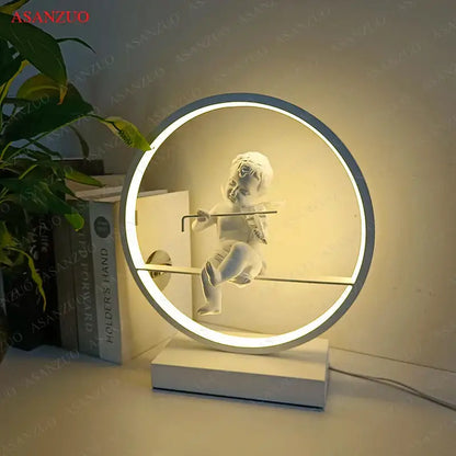 Dimmable angel table lamp with white cherub for bedroom decor