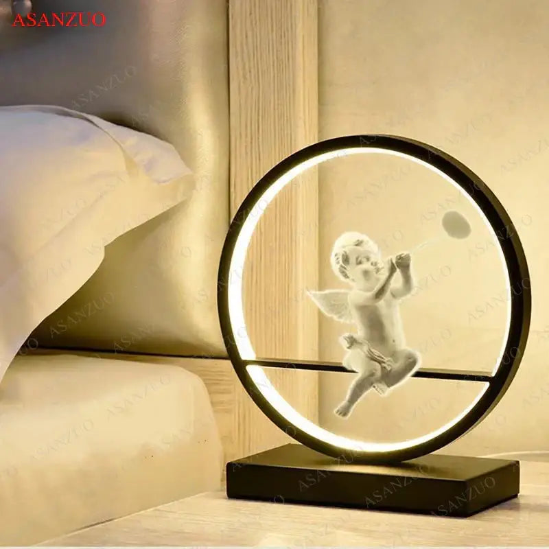 Dimmable angel table lamp with white cherub for bedroom decor