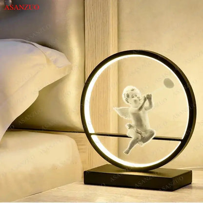 Dimmable angel table lamp with white cherub for bedroom decor