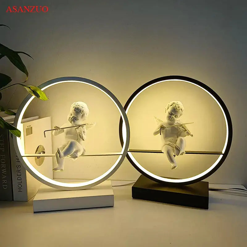 Dimmable angel table lamp with white cherub for bedroom decor